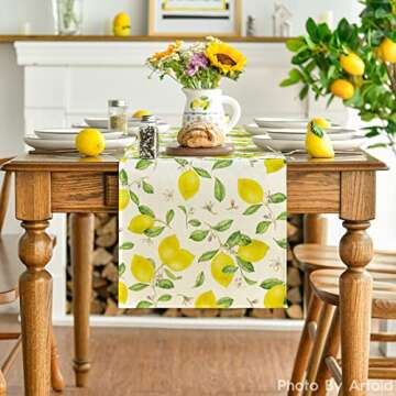 Artoid Mode Lemons Leaves Flower Buds Summer Table Runner, Seasonal Spring Kitchen Dining Table Deco...