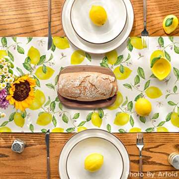 Artoid Mode Lemons Leaves Flower Buds Summer Table Runner, Seasonal Spring Kitchen Dining Table Decoration for Home Party Decor 13x72 Inch