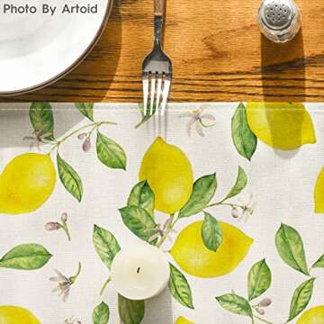 Artoid Mode Lemons Leaves Flower Buds Summer Table Runner, Seasonal Spring Kitchen Dining Table Decoration for Home Party Decor 13x72 Inch