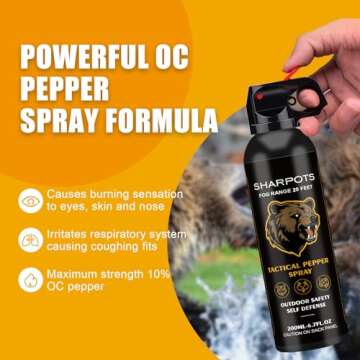 SHARPOTS Pepper Spray Maximum Strength Powerful Bear Spray for Easy Access Outdoor Camping & Hiking Protection and Other Outdoor Activities 200ml/6.7OZ