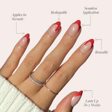 Glamnetic Press On Nails - Mrs. Claus | Semi-Transparent Red French Tip Santa Hat Short Almond False Nails, Reusable Stick On Fake Nails with Glue | Salon Quality | 15 Sizes - 30 Nail Kit