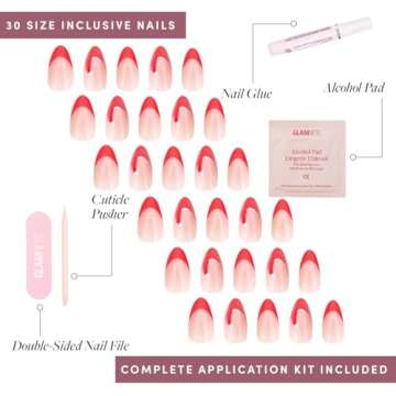 Glamnetic Press On Nails - Mrs. Claus | Semi-Transparent Red French Tip Santa Hat Short Almond False Nails, Reusable Stick On Fake Nails with Glue | Salon Quality | 15 Sizes - 30 Nail Kit