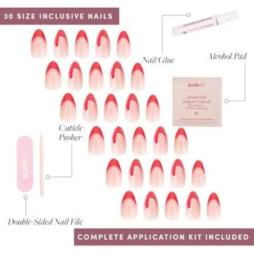 Glamnetic Press On Nails - Mrs. Claus | Semi-Transparent Red French Tip Santa Hat Short Almond False Nails, Reusable Stick On Fake Nails with Glue | Salon Quality | 15 Sizes - 30 Nail Kit