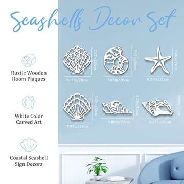 Yookeer 6 Pieces Beach Decor Rustic Carved Seashell Wall Decor Plaque Wood Nautical Beach Wall Art S...