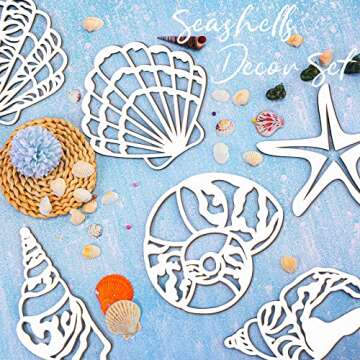 Yookeer 6 Pieces Beach Decor Rustic Carved Seashell Wall Decor Plaque Wood Nautical Beach Wall Art Starfish Seashell Wall Decorations Coastal Bathroom Ocean Decor Set for Farmhouse Bathroom (White)