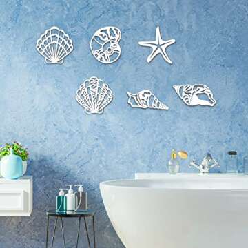 Yookeer 6 Pieces Beach Decor Rustic Carved Seashell Wall Decor Plaque Wood Nautical Beach Wall Art Starfish Seashell Wall Decorations Coastal Bathroom Ocean Decor Set for Farmhouse Bathroom (White)