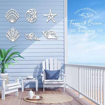 Yookeer 6 Pieces Beach Decor Rustic Carved Seashell Wall Decor Plaque Wood Nautical Beach Wall Art Starfish Seashell Wall Decorations Coastal Bathroom Ocean Decor Set for Farmhouse Bathroom (White)