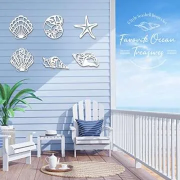 Yookeer 6 Pieces Beach Decor Rustic Carved Seashell Wall Decor Plaque Wood Nautical Beach Wall Art Starfish Seashell Wall Decorations Coastal Bathroom Ocean Decor Set for Farmhouse Bathroom (White)
