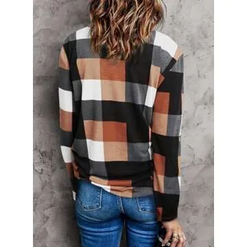 Dokotoo Women's Spring Summer Fall Fashion Casual Ladies Basic Cotton Cuffed 3/4 Long Sleeve Plaid P...