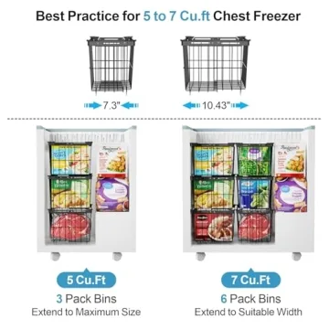 iSPECLE Chest Freezer Organizer Bins - 14.8" Length Large Freezer Organizer Bins for 5-7 Cu.FT Deep Freezer, Stackable Chest Freezer Organizer with Adjustable Width Hold More Items, 3 Pack Black