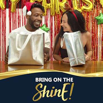 Nush Nush Silver Gift Bags Large Size – Set of 15 Reusable Silver Gift Bags With White Handles - Perfect As Christmas Gift Bags, Goodie Bags, Birthday Gift Bags, Party Favor Bags –13Wx5Dx11H