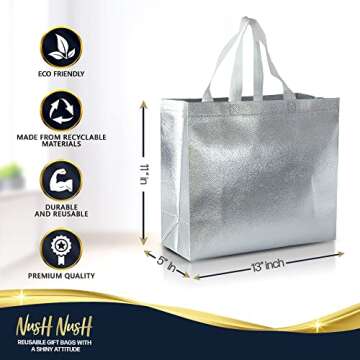 Nush Nush Silver Gift Bags Large Size – Set of 15 Reusable Silver Gift Bags With White Handles - Perfect As Christmas Gift Bags, Goodie Bags, Birthday Gift Bags, Party Favor Bags –13Wx5Dx11H