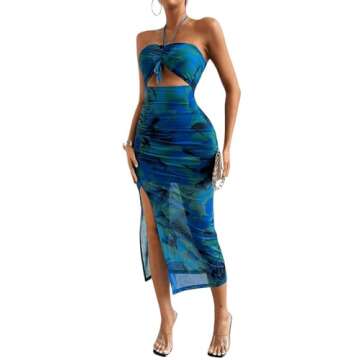 Floerns Women's Floral Drawstring Ruched Bodycon Halter Neck Midi Dress Tie Dye Cut Out Slit Hem Summer Dress Sundresses Blue Large