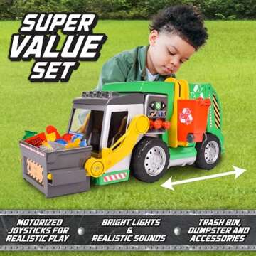 Large Motorized 19" Maxx Action Garbage Truck Toy Set with Lights and Sound Includes Dumpster, Trash...