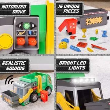 Large Motorized 19" Maxx Action Garbage Truck Toy Set with Lights and Sound Includes Dumpster, Trash Bin and Miniature Trash Pieces for Kids