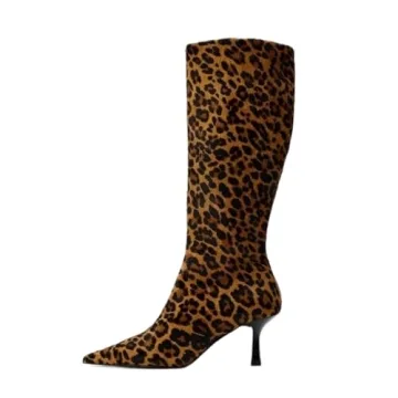 Keleimusi Women's Knee High Boots - Fashionable Pointed Toe Leopard Print Kitten Heel Boots