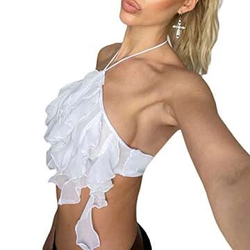 Women 3D Floral Tank Tops Sleeveless Backless Sheer Ruffle Tassels Crop Shirt Slim Fitted Lace Frill Fringe Halter Tube Top (White, S)