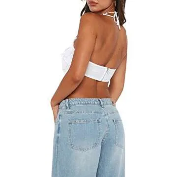 Women 3D Floral Tank Tops Sleeveless Backless Sheer Ruffle Tassels Crop Shirt Slim Fitted Lace Frill Fringe Halter Tube Top (White, S)