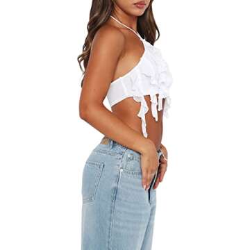 Women 3D Floral Tank Tops Sleeveless Backless Sheer Ruffle Tassels Crop Shirt Slim Fitted Lace Frill Fringe Halter Tube Top (White, S)