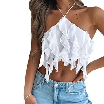 Women 3D Floral Tank Tops Sleeveless Backless Sheer Ruffle Tassels Crop Shirt Slim Fitted Lace Frill Fringe Halter Tube Top (White, S)