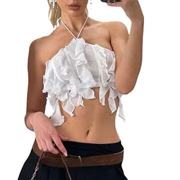 Women 3D Floral Tank Tops Sleeveless Backless Sheer Ruffle Tassels Crop Shirt Slim Fitted Lace Frill Fringe Halter Tube Top (White, S)