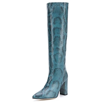 Goolita Women's Knee High Snakeskin Boots Chunky Heel Wide Calf Pull on Long Booties