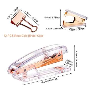 Rose Gold Stapler and Staple Remover Set - Rose Gold Office Supplies with 1000 Staples and 12 Binder Clips, Luxury Acrylic Rose Gold Desk Accessories & Decorations