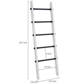 MyGift Vintage Whitewashed Wood Throw Quilt Blanket Ladder Farmhouse Style with 5 Black Metal Rungs, Bathroom Towel Ladder Storage Rack