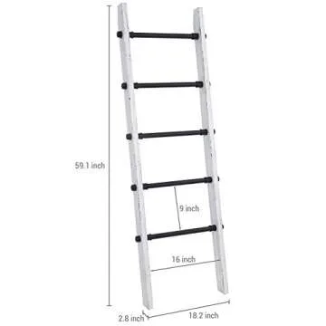 MyGift Vintage Whitewashed Wood Throw Quilt Blanket Ladder Farmhouse Style with 5 Black Metal Rungs, Bathroom Towel Ladder Storage Rack
