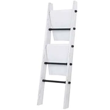 MyGift Vintage Whitewashed Wood Throw Quilt Blanket Ladder Farmhouse Style with 5 Black Metal Rungs, Bathroom Towel Ladder Storage Rack