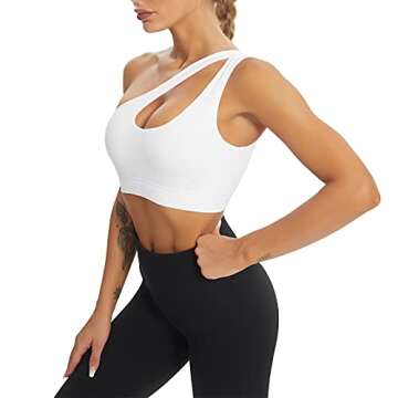 MATHACINO One Shoulder Sports Bra for Women Sexy Cute Workout Yoga Bra Medium Support White