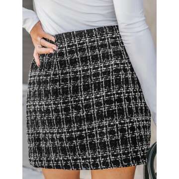 CUPSHE Skirts Tweed Button-Front Mini Skirt Holiday Plaid High Waist Short Skirts,S Black
