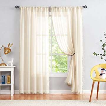 Treatmentex Pom-Pom Linen Sheer Curtains for Office Outdoor Curtains Bedroom Window Drapes 108 inches Long Rod Pocket Curtain Set for Living Room 2 Pack