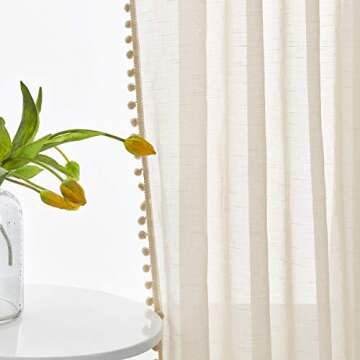 Treatmentex Pom-Pom Linen Sheer Curtains for Office Outdoor Curtains Bedroom Window Drapes 108 inches Long Rod Pocket Curtain Set for Living Room 2 Pack