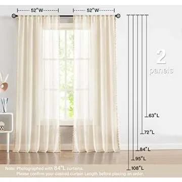 Treatmentex Pom-Pom Linen Sheer Curtains for Office Outdoor Curtains Bedroom Window Drapes 108 inches Long Rod Pocket Curtain Set for Living Room 2 Pack