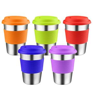 KEREDA 5 Pack Stainless Steel Cups with Silicone Lids Sleeves, 11.8oz Drinking Tumblers Eco-Friendly BPA-Free for Adults