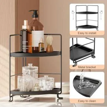 NLBTW 2 Tier Corner Bathroom Countertop Organizer, Tool-Less Installation Vanity Tray for Skincare Makeup Perfume Organizer, Small Plastics Counter Bathroom Storage and Organization (Black)