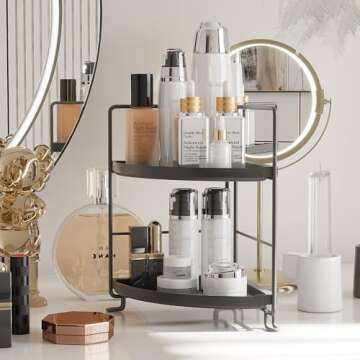 NLBTW 2 Tier Corner Bathroom Countertop Organizer, Tool-Less Installation Vanity Tray for Skincare Makeup Perfume Organizer, Small Plastics Counter Bathroom Storage and Organization (Black)