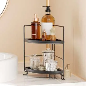 NLBTW 2 Tier Corner Bathroom Countertop Organizer, Tool-Less Installation Vanity Tray for Skincare Makeup Perfume Organizer, Small Plastics Counter Bathroom Storage and Organization (Black)