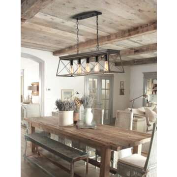 Farmhouse Briarwood Linear Chandelier, Kitchen Island Lighting, Ceiling Hanging Dining Room Light Fixture, Antique Bronze, 5-Light Pendant