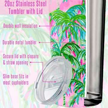Lilly Pulitzer 20 Oz Insulated Tumbler with Lid, Pink/Green Stainless Steel Travel Cup, Double Wall Metal Tumbler, Suite Views