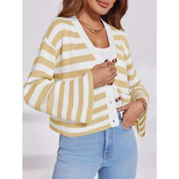 Saodimallsu Womens Striped Cardigan Sweaters Cropped Fall Button Open Front Long Sleeve Knit Sweater...