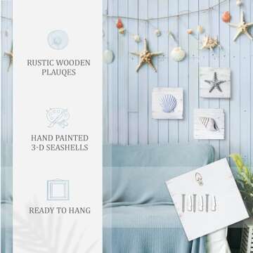 TideAndTales 3D Beach Wall Art - Seashell with Starfish for Coastal Bathroom Decor, Ocean Inspired Decor for Bathroom, Coastal Bedroom, Living Room or Beach House, Set of 3 (6”x 6”)