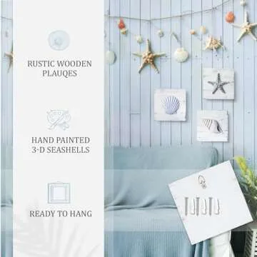 TideAndTales 3D Beach Wall Art - Seashell with Starfish for Coastal Bathroom Decor, Ocean Inspired Decor for Bathroom, Coastal Bedroom, Living Room or Beach House, Set of 3 (6”x 6”)