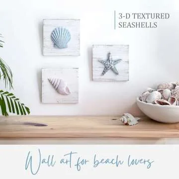 TideAndTales 3D Beach Wall Art - Seashell with Starfish for Coastal Bathroom Decor, Ocean Inspired Decor for Bathroom, Coastal Bedroom, Living Room or Beach House, Set of 3 (6”x 6”)