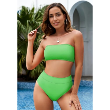 Pink Queen Women's Removable Strap Pad High Waist Bikini Set Swimsuit Green S