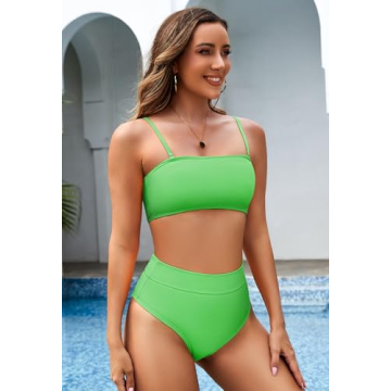 Pink Queen Women's Removable Strap Pad High Waist Bikini Set Swimsuit Green S
