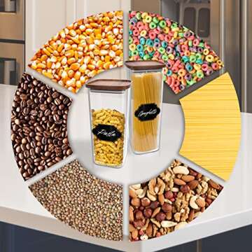 Essos Square Glass Jars with Wood Lids Set of (4) 36 fl oz Airtight and Stackable Storage Containers for Kitchen Pantry or Bathroom BPA Free and Recyclable Canister for Food Cookies Coffee Pasta Sugar