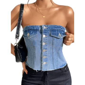 SOLY HUX Women's Button Down Raw Hem Denim Tube Top - Chic & Casual Summer Style