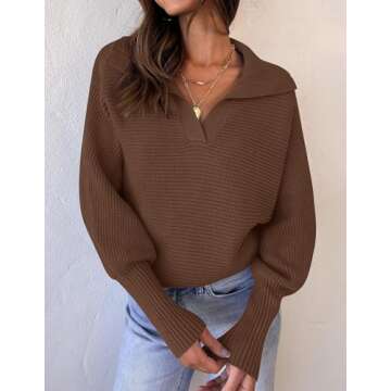 ZESICA Women's Fall Lapel Collar V Neck Long Sleeve Ribbed Knit Comfy Loose Casual Pullover Sweater ...